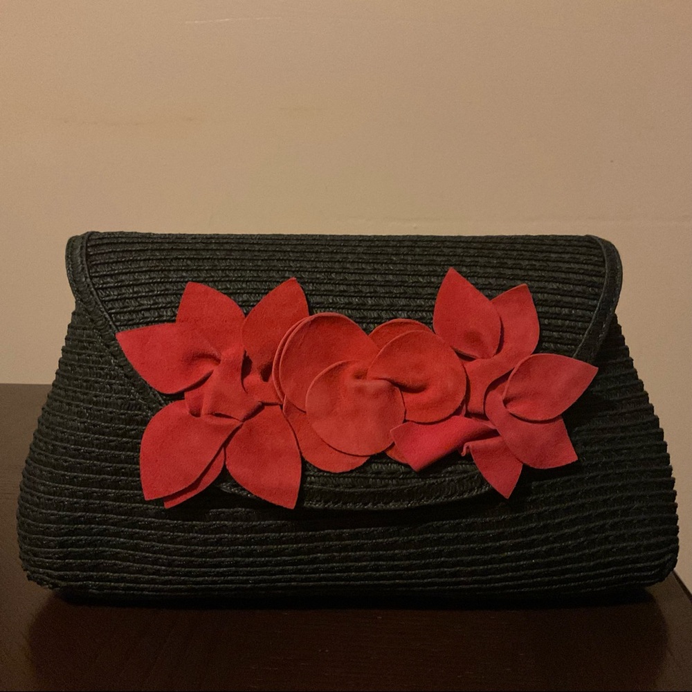 TALBOTS CLUTCH SMALL /BLACK WITH RED SUEDE FLOWERS